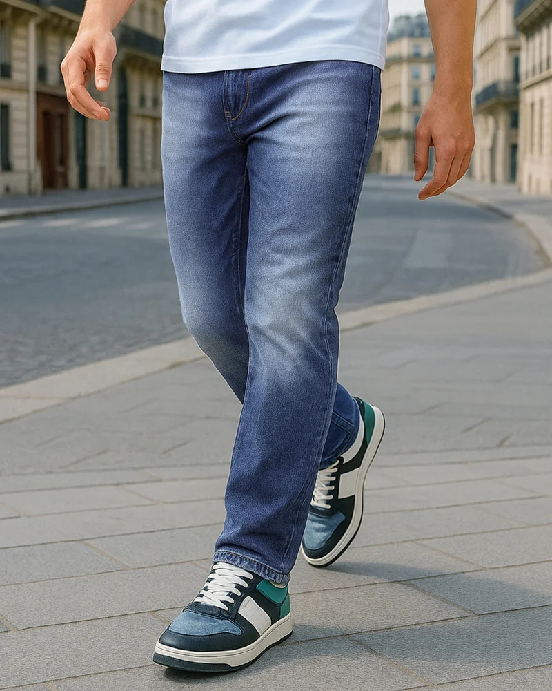 Men's Blue Washed Slim Straight Fit Mid-Rise Stretchable Jeans